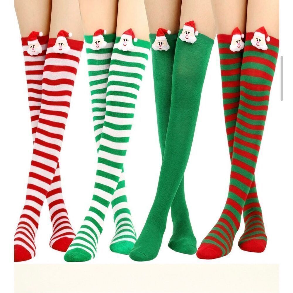 1 PAIR LEFT!! Women's Holiday Green & White Striped Santa Over The Knee Sock